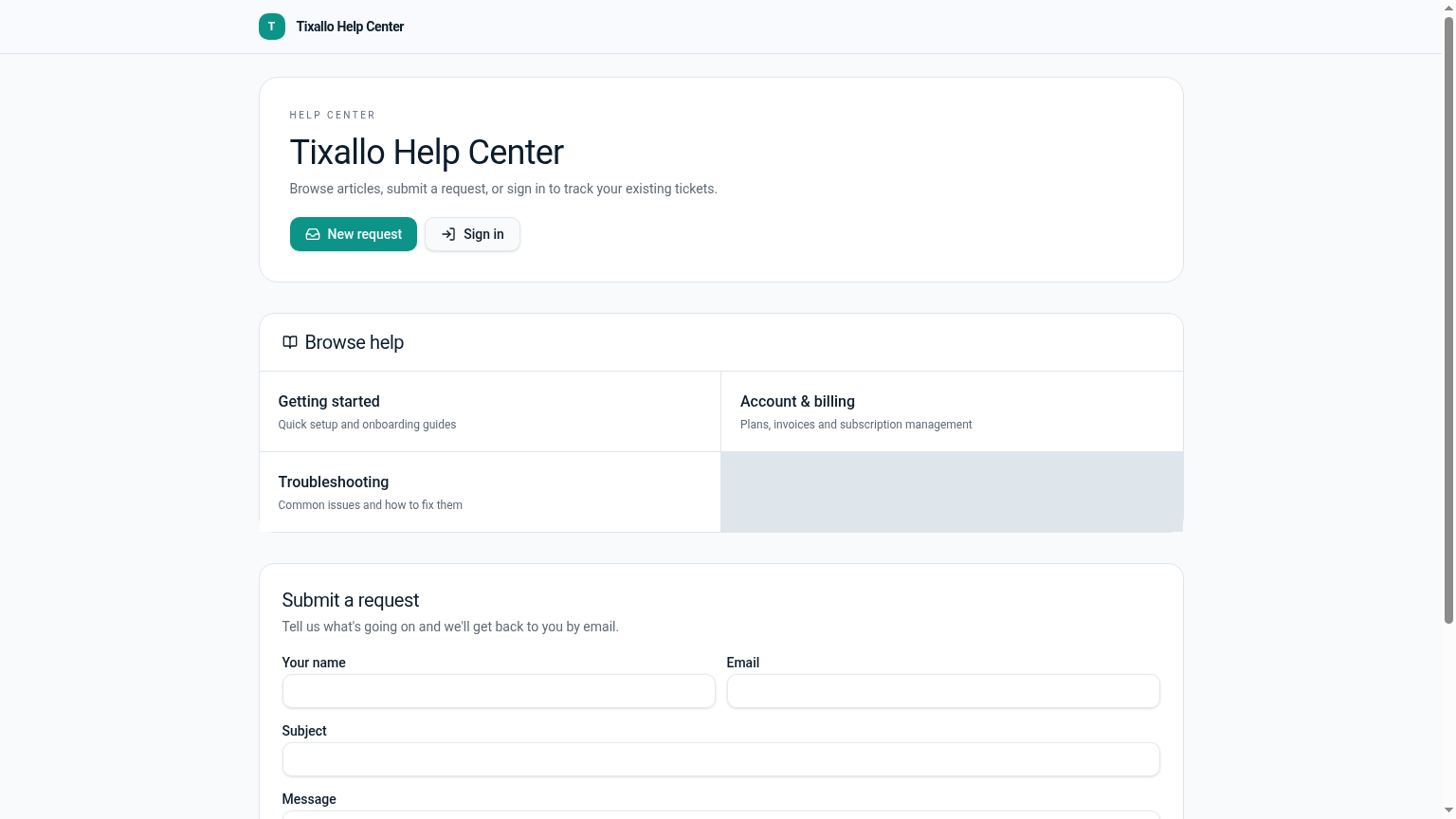 Tixallo customer portal homepage with help centre categories and a submit-a-request entry point