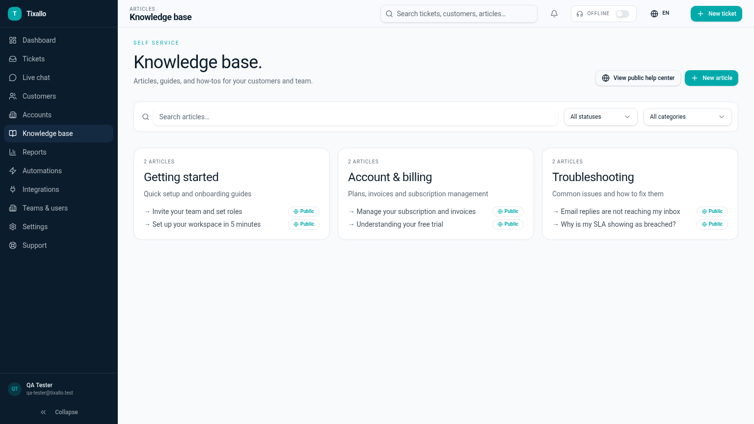 Tixallo knowledge base with categories and published articles for self-service support