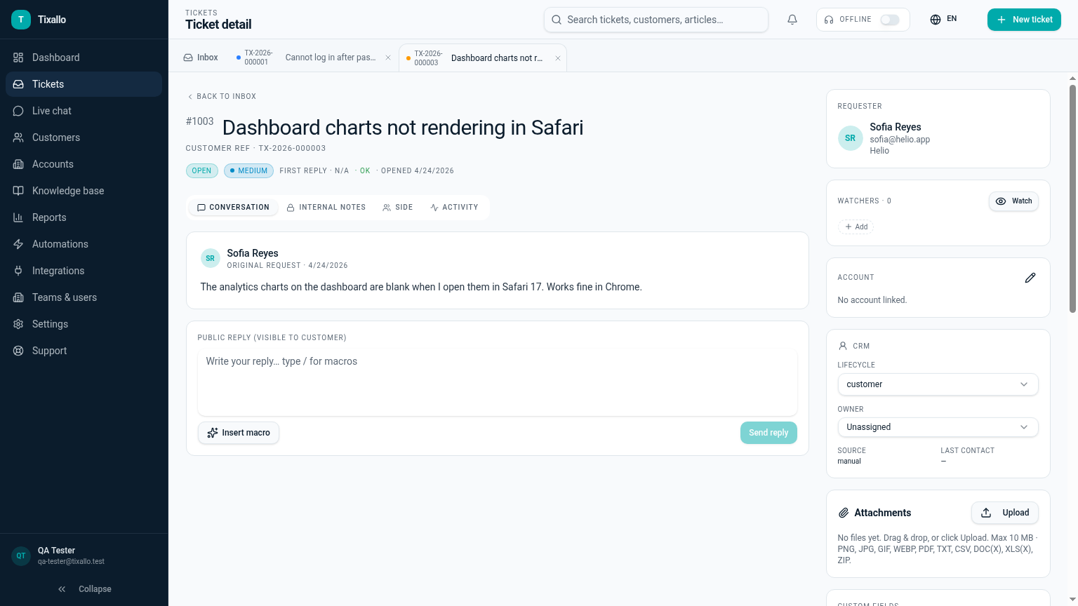 Tixallo ticket workspace with multiple browser-style tabs open across an inbox conversation